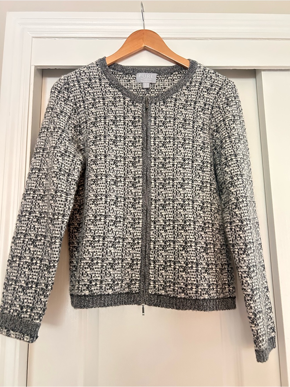 Pure Collection Black and White Tweed Zip-Front Cardigan